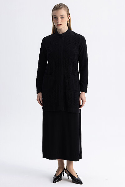 Touch Me Cardigan with Herringbone Pattern and Pockets Black - MISS DALIDA (1)