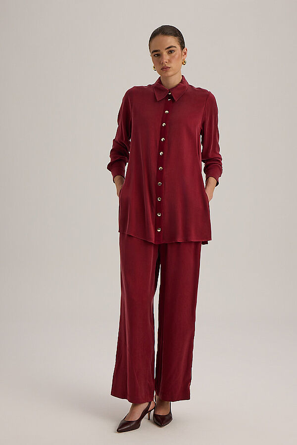 4267014 Yanı Triko Şeritli Kumaş Pantolon Vişne - 2