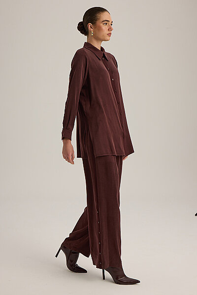 4267014 Yanı Triko Şeritli Kumaş Pantolon Bordo - 5