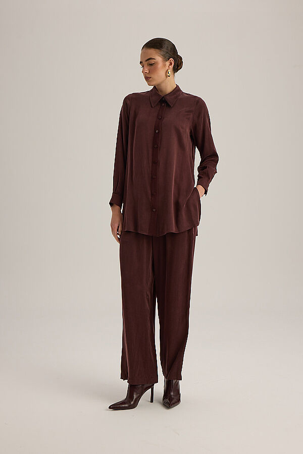 4267014 Yanı Triko Şeritli Kumaş Pantolon Bordo - 1