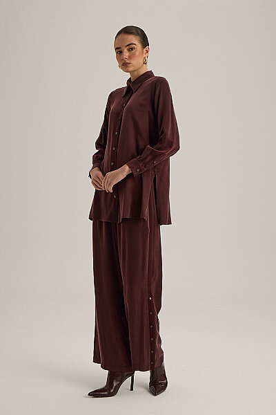 4267014 Yanı Triko Şeritli Kumaş Pantolon Bordo - 3