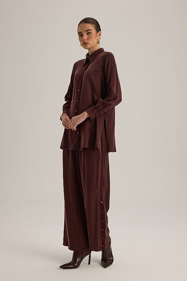 4267014 Yanı Triko Şeritli Kumaş Pantolon Bordo - 3