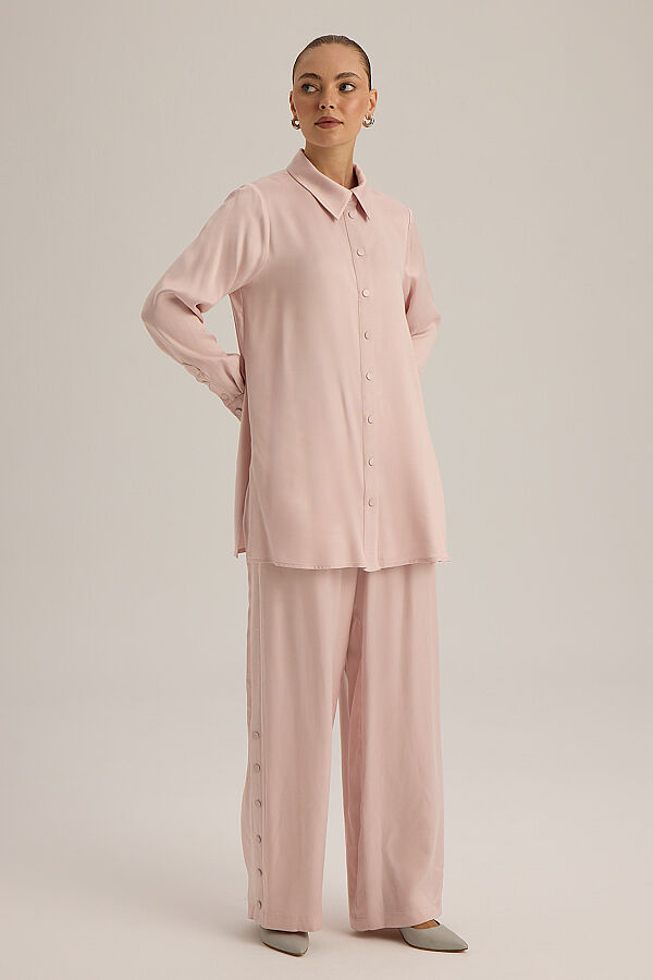 4267014 Yanı Triko Şeritli Kumaş Pantolon Pudra - 2