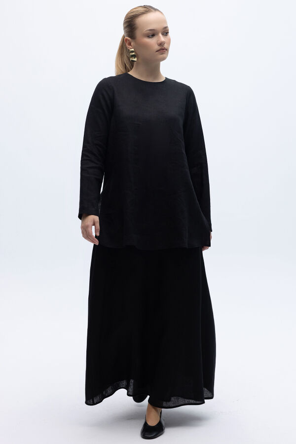 A Kesim Düz Renk Keten Etek Siyah - 1
