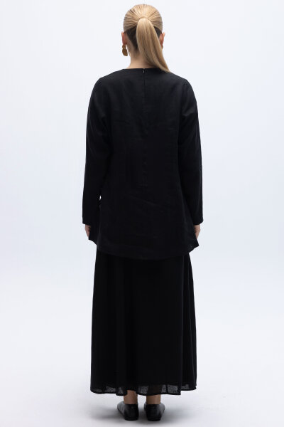 A Kesim Düz Renk Keten Etek Siyah - 2