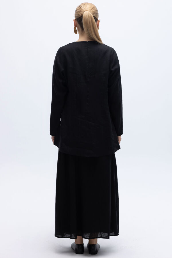 A Kesim Düz Renk Keten Etek Siyah - 2