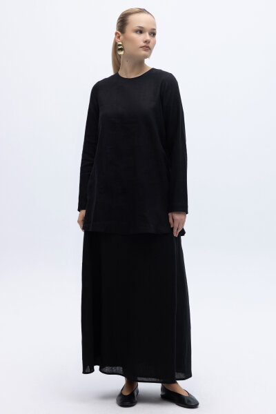 A Kesim Düz Renk Keten Etek Siyah - 3