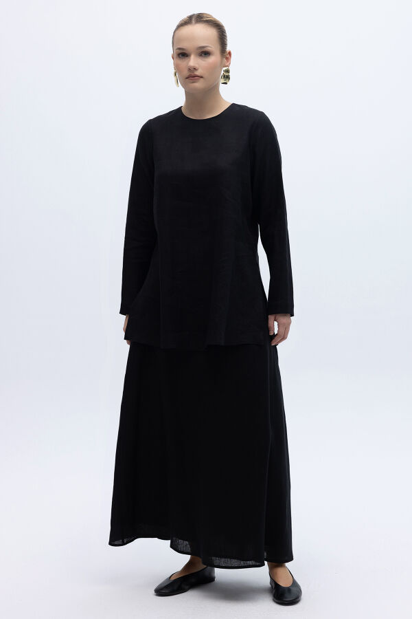 A Kesim Düz Renk Keten Etek Siyah - 4