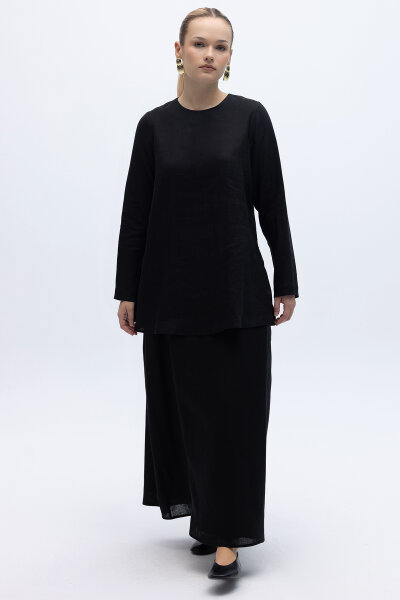 A Kesim Düz Renk Keten Etek Siyah - 5