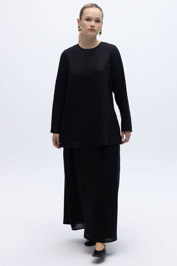 A Kesim Düz Renk Keten Etek Siyah - 5