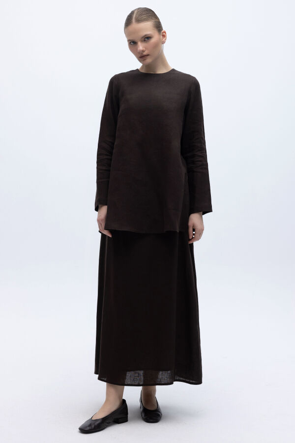 A Kesim Düz Renk Keten Etek Kahverengi - 1