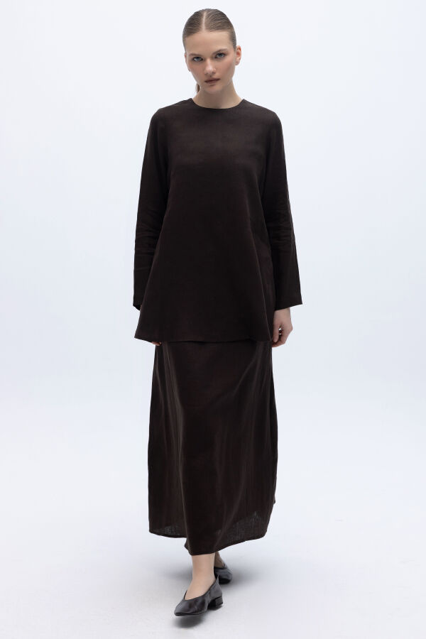 A Kesim Düz Renk Keten Etek Kahverengi - 2