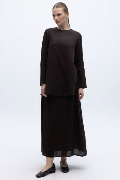 A Kesim Düz Renk Keten Etek Kahverengi - 3