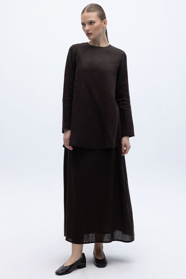 A Kesim Düz Renk Keten Etek Kahverengi - 3