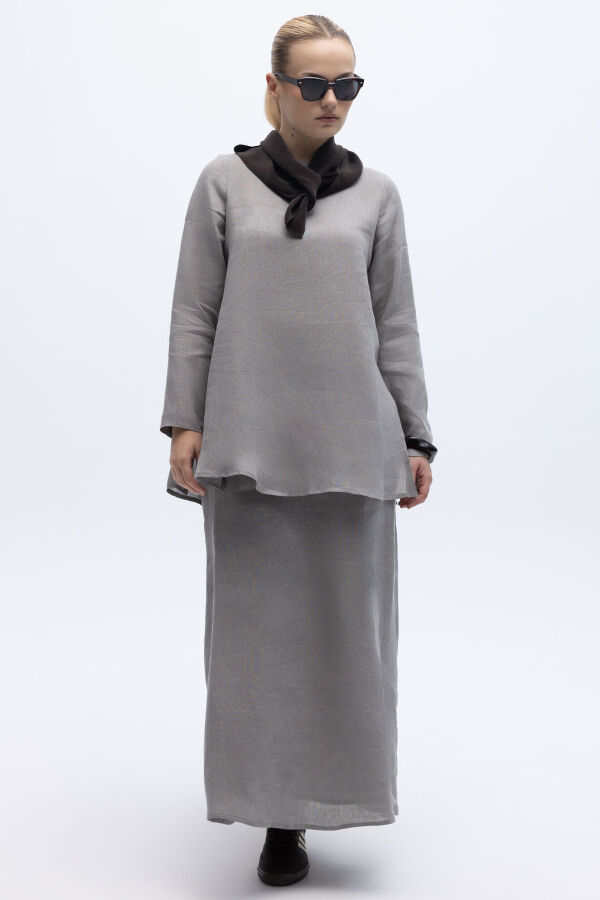 A Kesim Düz Renk Keten Etek Gri - 1