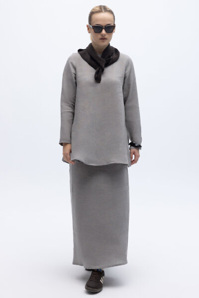 A Kesim Düz Renk Keten Etek Gri - 2