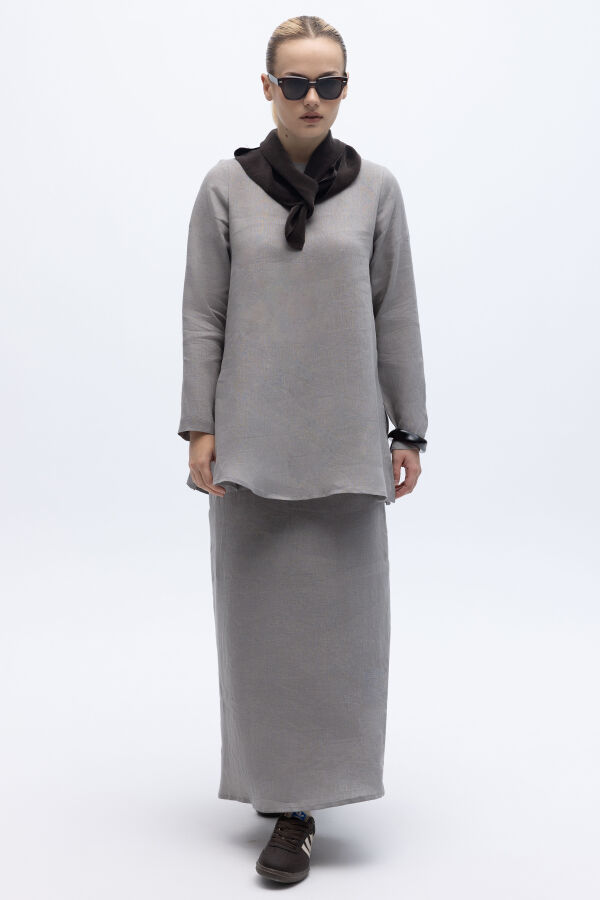 A Kesim Düz Renk Keten Etek Gri - 2