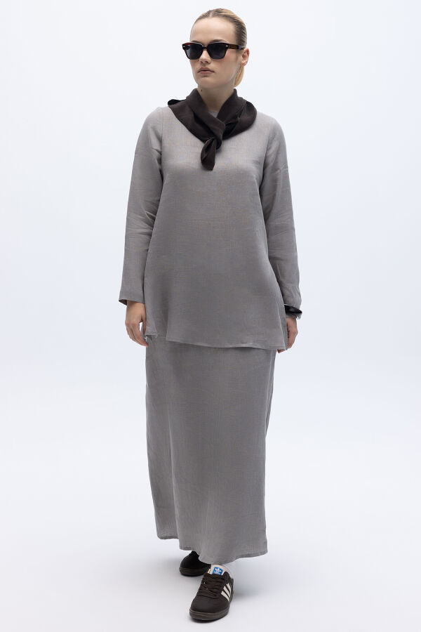 A Kesim Düz Renk Keten Etek Gri - 3