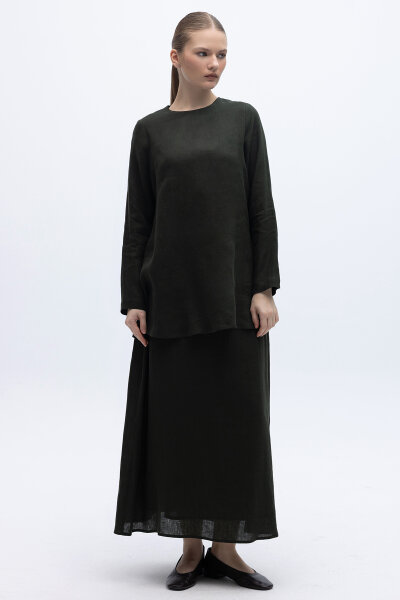 A Kesim Düz Renk Keten Etek Haki 