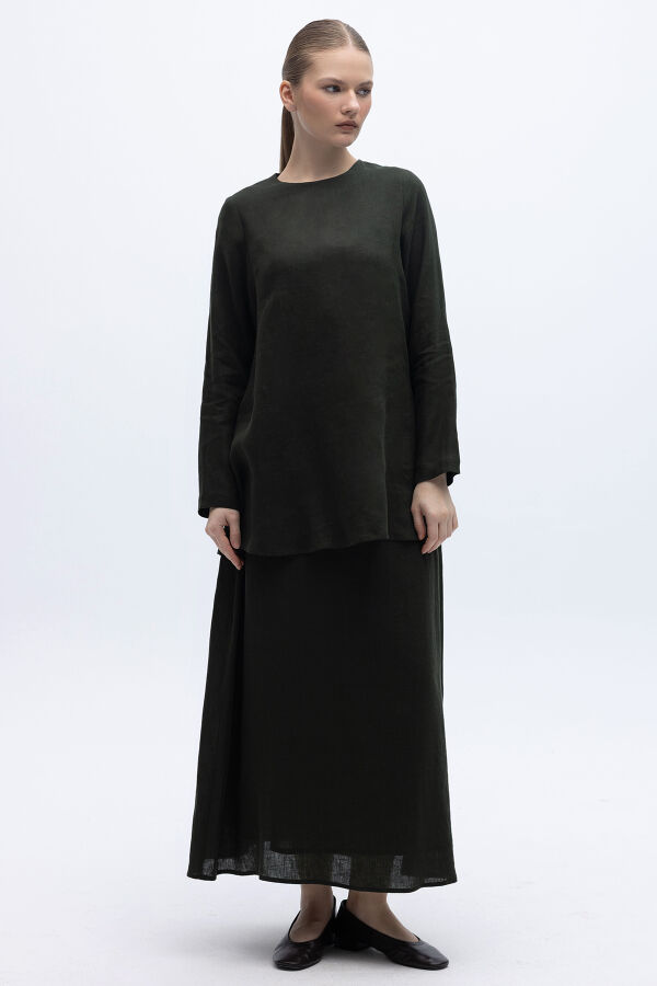 A Kesim Düz Renk Keten Etek Haki - 1