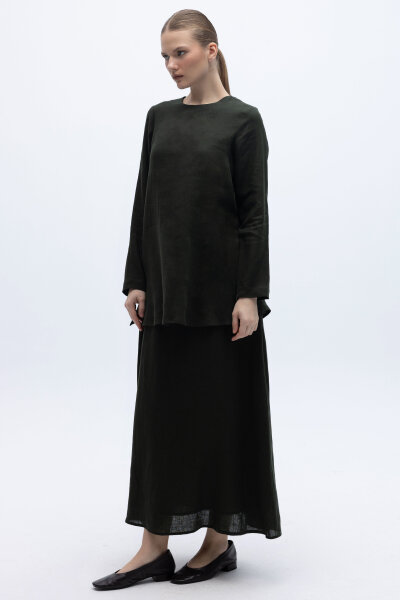 A Kesim Düz Renk Keten Etek Haki - 2