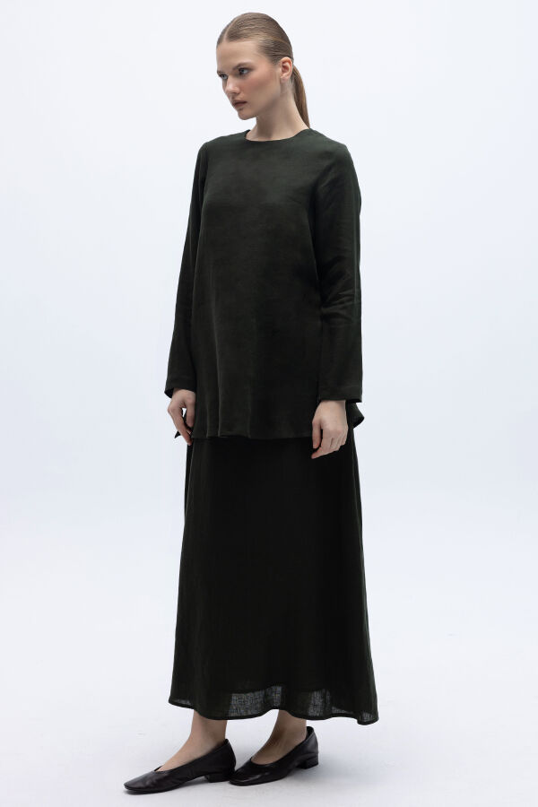 A Kesim Düz Renk Keten Etek Haki - 2