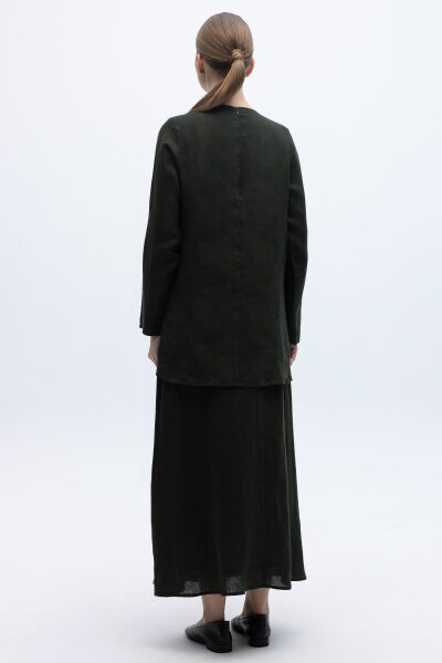 A Kesim Düz Renk Keten Etek Haki - 3