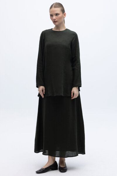 A Kesim Düz Renk Keten Etek Haki - 4