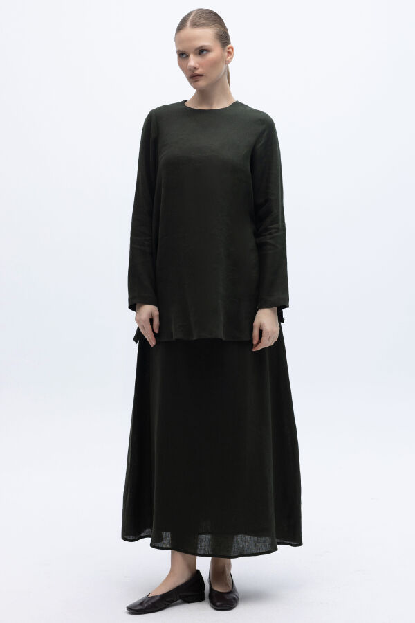 A Kesim Düz Renk Keten Etek Haki - 4