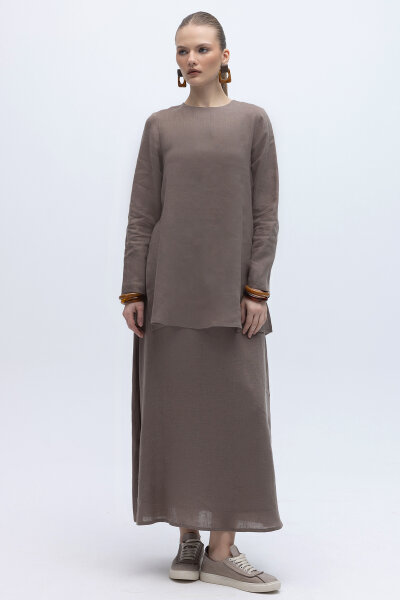 A Kesim Düz Renk Keten Etek Mink 