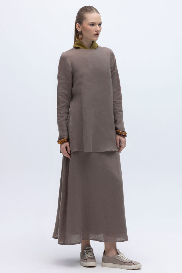 A Kesim Düz Renk Keten Etek Mink - 3