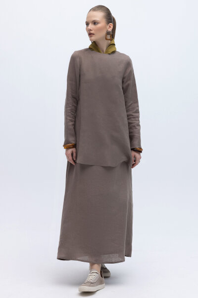 A Kesim Düz Renk Keten Etek Mink - 4