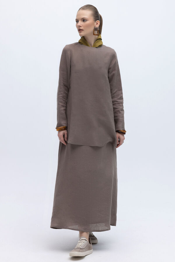 A Kesim Düz Renk Keten Etek Mink - 4