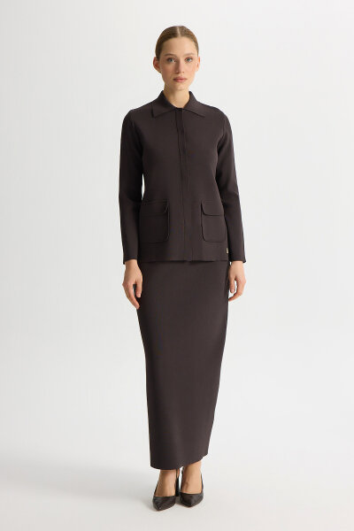 A Kesim Düz Renk Triko Etek Kahverengi - 3