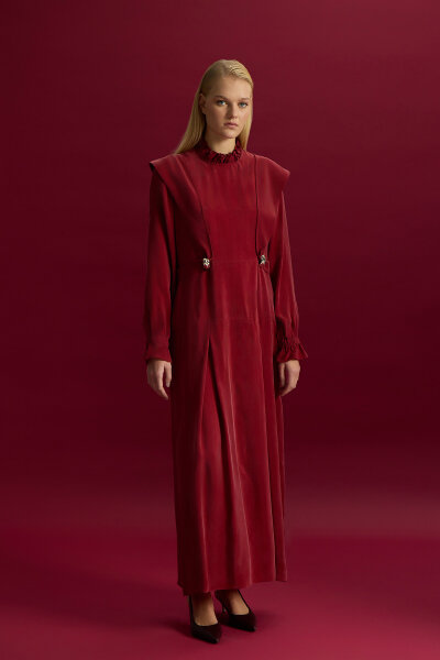 Aksesuar Detaylı Cupro Elbise Cherry - 2