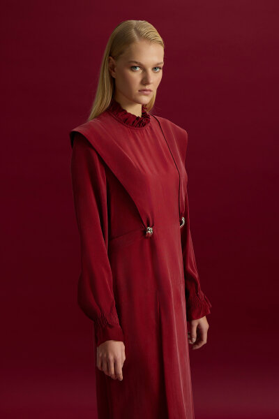 Aksesuar Detaylı Cupro Elbise Cherry - 3