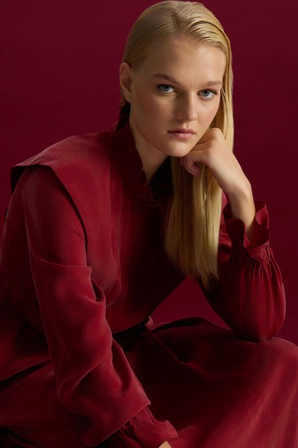 Aksesuar Detaylı Cupro Elbise Cherry - 5