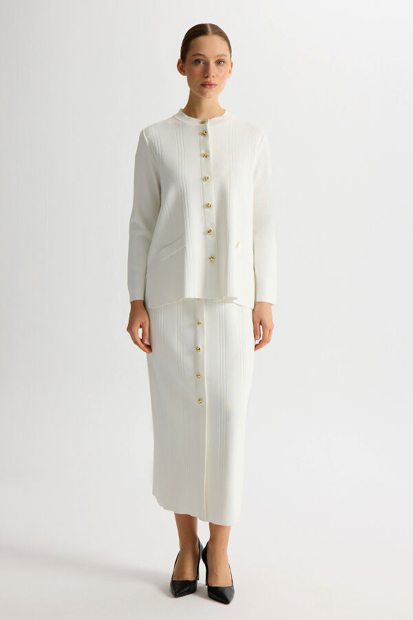 Aksesuar Detaylı Triko Kalem Etek Ekru - 4