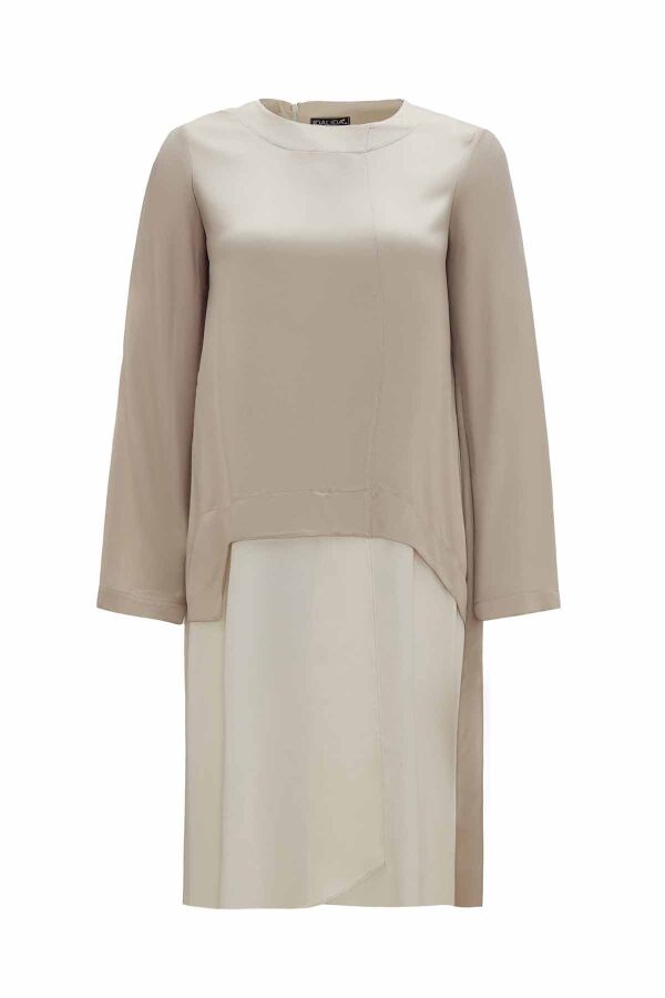 T26K-6011 Asimetrik Kesim İki Renk Uzun Tunik STONE - 1