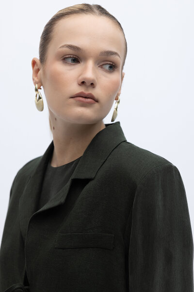 Bağlama Detaylı Keten Ceket-Elbise Takım Siyah - 3