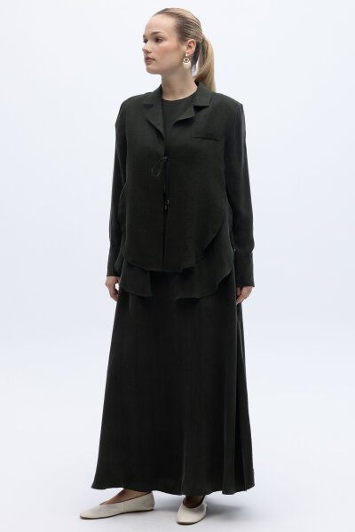 Bağlama Detaylı Keten Ceket-Elbise Takım Haki - 2