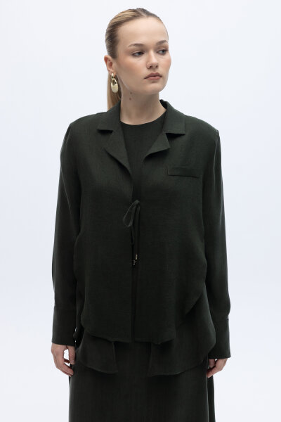 Bağlama Detaylı Keten Ceket-Elbise Takım Haki - 3