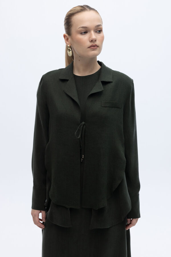 Bağlama Detaylı Keten Ceket-Elbise Takım Haki - 3