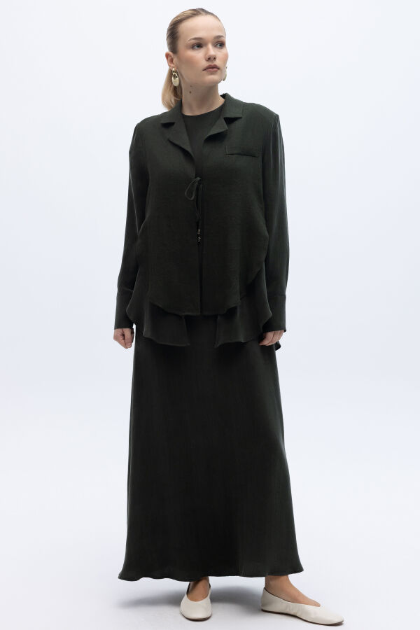 Bağlama Detaylı Keten Ceket-Elbise Takım Haki - 7