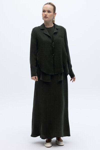 Bağlama Detaylı Keten Ceket-Elbise Takım Haki - 8