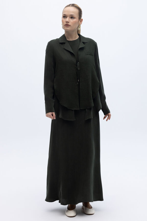 Bağlama Detaylı Keten Ceket-Elbise Takım Haki - 8