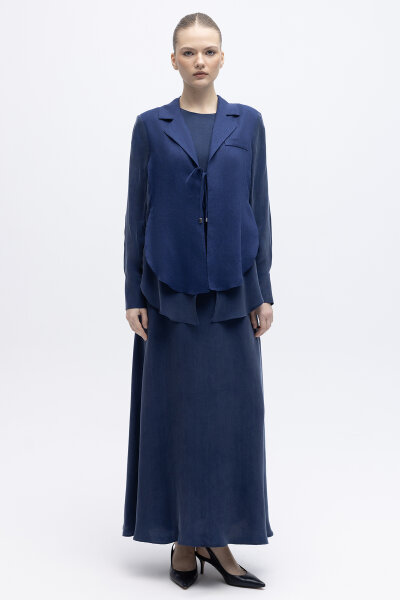Bağlama Detaylı Keten Ceket-Elbise Takım Navy 