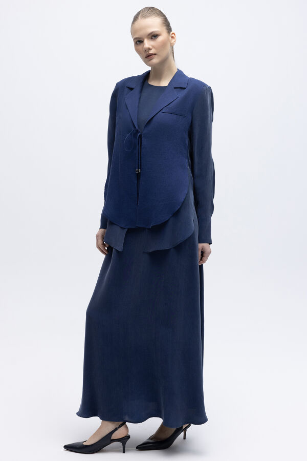 Bağlama Detaylı Keten Ceket-Elbise Takım Navy - 2