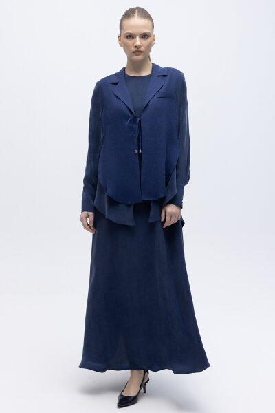 Bağlama Detaylı Keten Ceket-Elbise Takım Navy - 3