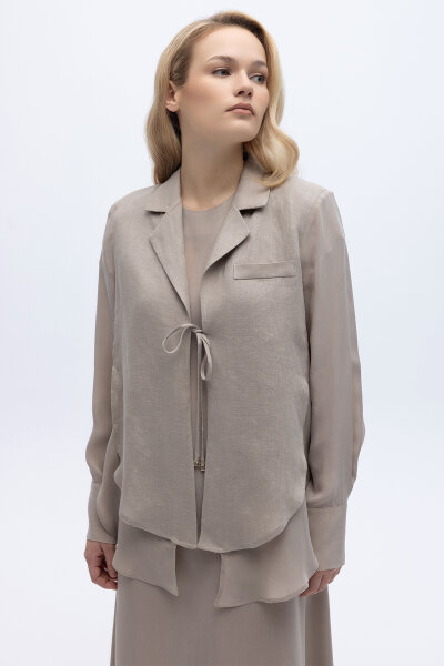 Bağlama Detaylı Keten Ceket-Elbise Takım Stone - 2